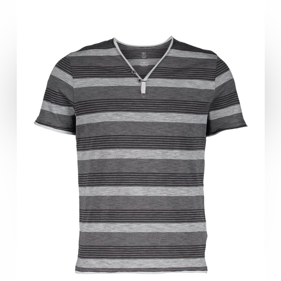 INC Deep Black & Gray Stripe Button-Accent. 
V-Neck Tee - Men. Size: Various - Picture 1 of 5